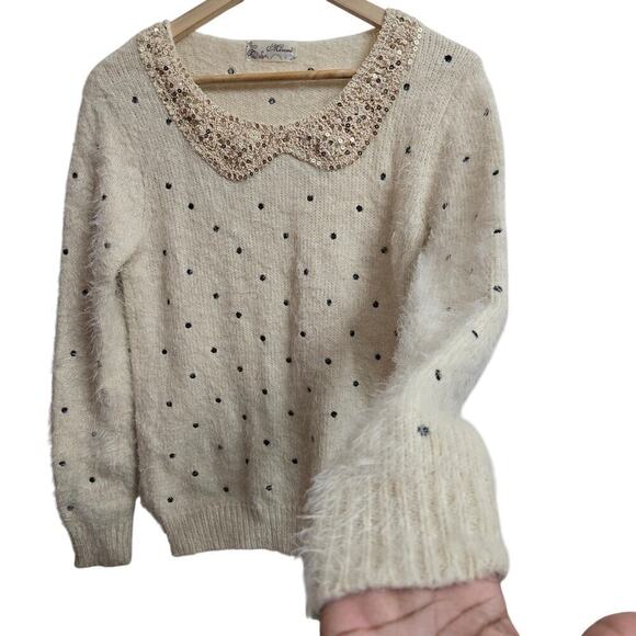Womens Polka Dot Sequin Collar Fuzzy Knit Sweater Size L Super Soft Glam Cottage - Picture 2 of 11